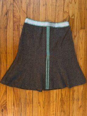 LOFT Brown Herringbone A-Line Skirt with Mint Stripe
